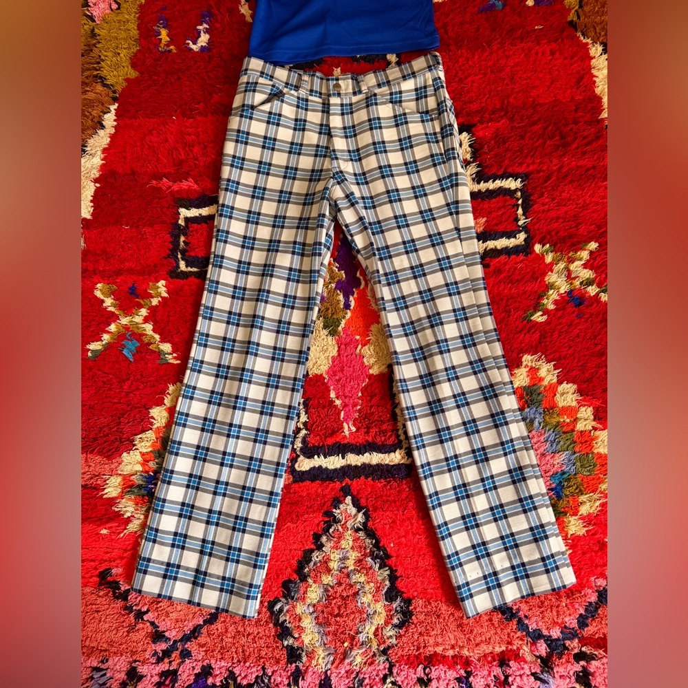 70s Vintage Blue Plaid Pants Sz M - Picture 2 of 11